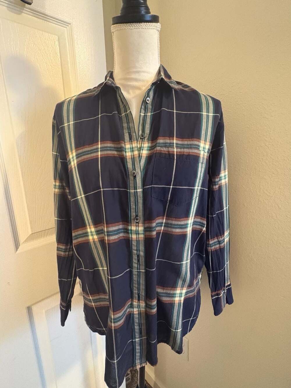 Madewell Ex-Boyfriend Navy Green Plaid Button Up Shirt